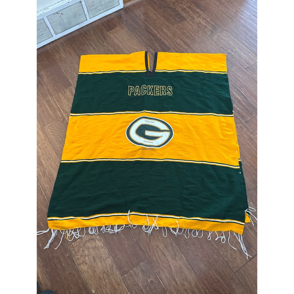 Green Bay Packers Poncho Adult One Size Green Yellow Striped Fringe NFL
